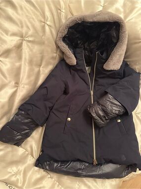 Herno Navy Hooded Puffer Coat with Faux Fur Trim